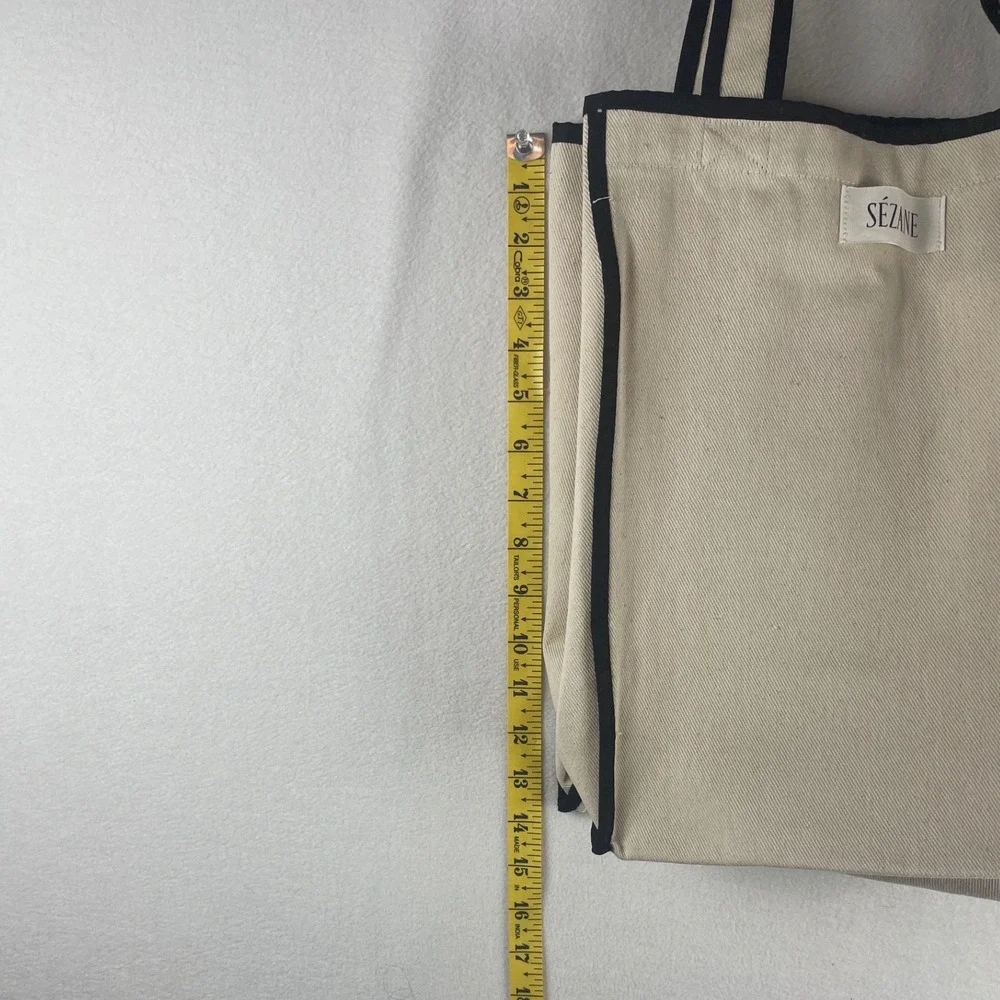 Sezane Canvas Tote Bag Cream Ecru Black Contrast Trim Oversized Shopper Bag